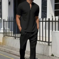 Men's Waffle Polo Shirt Quarter Zip Polo Daily Holiday Quarter Zip Short Sleeve Fashion Basic Plain Spring & Summer Regular Fit Black White Blue Khaki Gray Waffle Polo Shirt