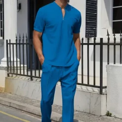 Men's Waffle Polo Shirt Quarter Zip Polo Daily Holiday Quarter Zip Short Sleeve Fashion Basic Plain Spring & Summer Regular Fit Black White Blue Khaki Gray Waffle Polo Shirt