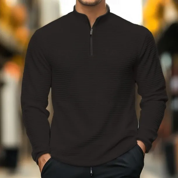 Men's Waffle Polo Shirt Waffle T Shirt Sports Outdoor Cycling / Bike Standing Collar Quarter Zip Long Sleeve Fashion Modern Solid Color Knitted Spring & Fall Standard Fit Light Blue Black White Dark