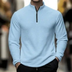 Men's Waffle Polo Shirt Waffle T Shirt Sports Outdoor Cycling / Bike Standing Collar Quarter Zip Long Sleeve Fashion Modern Solid Color Knitted Spring & Fall Standard Fit Light Blue Black White Dark