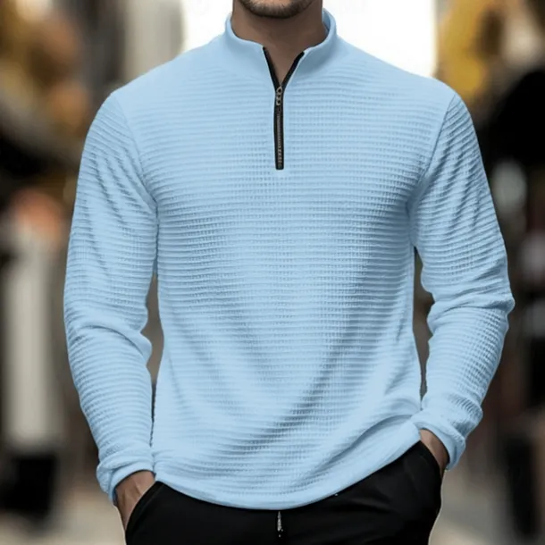Men's Waffle Polo Shirt Waffle T Shirt Sports Outdoor Cycling / Bike Standing Collar Quarter Zip Long Sleeve Fashion Modern Solid Color Knitted Spring & Fall Standard Fit Light Blue Black White Dark