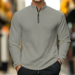 Men's Waffle Polo Shirt Waffle T Shirt Sports Outdoor Cycling / Bike Standing Collar Quarter Zip Long Sleeve Fashion Modern Solid Color Knitted Spring & Fall Standard Fit Light Blue Black White Dark