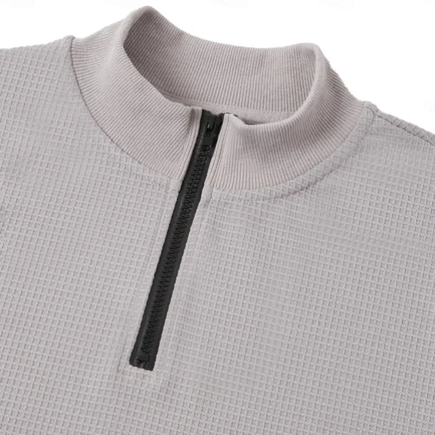 Men's Waffle Polo Shirt Waffle T Shirt Sports Outdoor Cycling / Bike Standing Collar Quarter Zip Long Sleeve Fashion Modern Solid Color Knitted Spring & Fall Standard Fit Light Blue Black White Dark