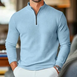 Men's Waffle Polo Shirts Home Standing Collar Quarter Zip Long Sleeve Basic Solid Color Knitted Spring & Fall Standard Fit Light Blue Black White Gray Waffle Polo Shirts