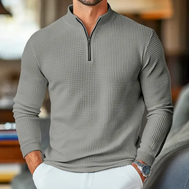 Men's Waffle Polo Shirts Home Standing Collar Quarter Zip Long Sleeve Basic Solid Color Knitted Spring & Fall Standard Fit Light Blue Black White Gray Waffle Polo Shirts