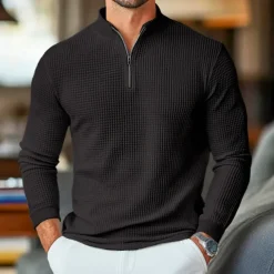 Men's Waffle Polo Shirts Home Standing Collar Quarter Zip Long Sleeve Basic Solid Color Knitted Spring & Fall Standard Fit Light Blue Black White Gray Waffle Polo Shirts