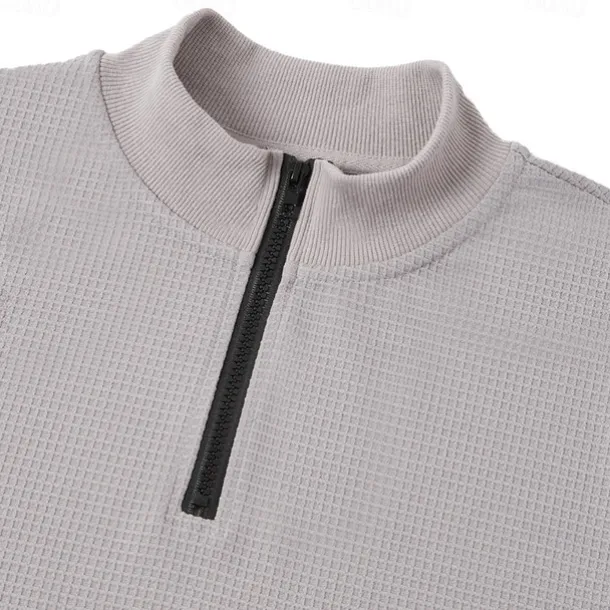 Men's Waffle Polo Shirts Home Standing Collar Quarter Zip Long Sleeve Basic Solid Color Knitted Spring & Fall Standard Fit Light Blue Black White Gray Waffle Polo Shirts