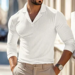 Men's Waffle Polo Shirts Polo Shirts Street Business Cuban Collar Long Sleeve Fashion Basic Solid Color V Neck Fall Winter Cross-Seasons Regular Fit Black White Blue khaki Grey Waffle Polo Shirts