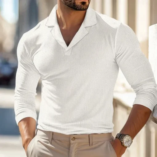 Men's Waffle Polo Shirts Polo Shirts Street Business Cuban Collar Long Sleeve Fashion Basic Solid Color V Neck Fall Winter Cross-Seasons Regular Fit Black White Blue khaki Grey Waffle Polo Shirts