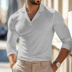 Men's Waffle Polo Shirts Polo Shirts Street Business Cuban Collar Long Sleeve Fashion Basic Solid Color V Neck Fall Winter Cross-Seasons Regular Fit Black White Blue khaki Grey Waffle Polo Shirts