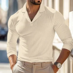 Men's Waffle Polo Shirts Polo Shirts Street Business Cuban Collar Long Sleeve Fashion Basic Solid Color V Neck Fall Winter Cross-Seasons Regular Fit Black White Blue khaki Grey Waffle Polo Shirts