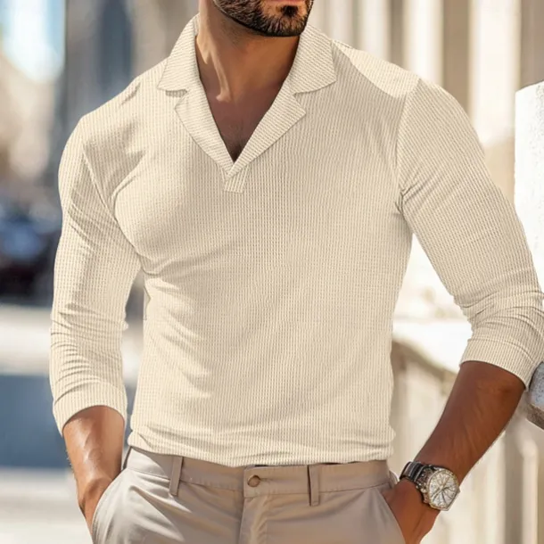Men's Waffle Polo Shirts Polo Shirts Street Business Cuban Collar Long Sleeve Fashion Basic Solid Color V Neck Fall Winter Cross-Seasons Regular Fit Black White Blue khaki Grey Waffle Polo Shirts