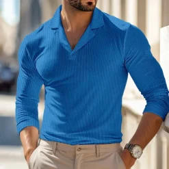 Men's Waffle Polo Shirts Polo Shirts Street Business Cuban Collar Long Sleeve Fashion Basic Solid Color V Neck Fall Winter Cross-Seasons Regular Fit Black White Blue khaki Grey Waffle Polo Shirts