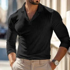 Men's Waffle Polo Shirts Polo Shirts Street Business Cuban Collar Long Sleeve Fashion Basic Solid Color V Neck Fall Winter Cross-Seasons Regular Fit Black White Blue khaki Grey Waffle Polo Shirts