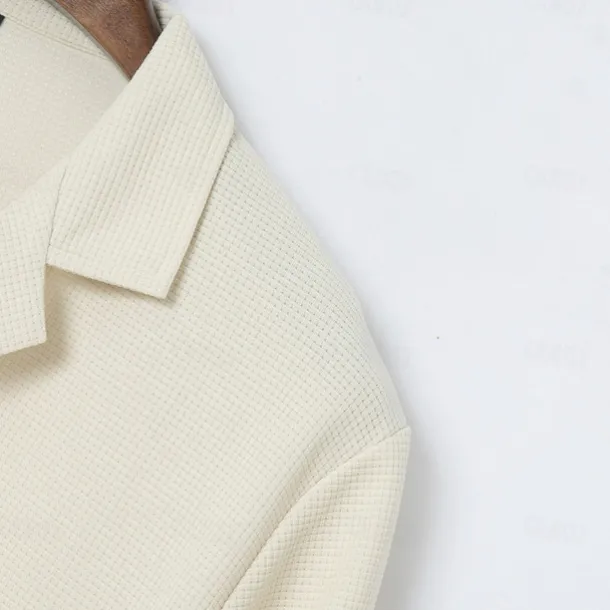 Men's Waffle Polo Shirts Polo Shirts Street Business Cuban Collar Long Sleeve Fashion Basic Solid Color V Neck Fall Winter Cross-Seasons Regular Fit Black White Blue khaki Grey Waffle Polo Shirts