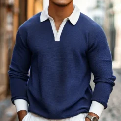 Men's Waffle Polo Shirts Quarter Zip Polo Outdoor Causal Quarter Zip Long Sleeve Fashion Modern Solid Color Knitted Spring & Fall Standard Fit Navy Blue Dark Green Orange Light Grey Waffle Polo