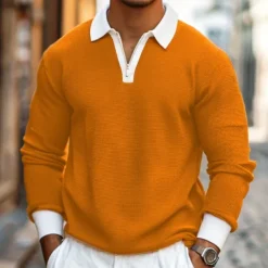 Men's Waffle Polo Shirts Quarter Zip Polo Outdoor Causal Quarter Zip Long Sleeve Fashion Modern Solid Color Knitted Spring & Fall Standard Fit Navy Blue Dark Green Orange Light Grey Waffle Polo