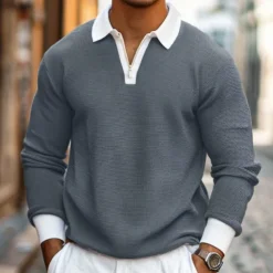 Men's Waffle Polo Shirts Quarter Zip Polo Outdoor Causal Quarter Zip Long Sleeve Fashion Modern Solid Color Knitted Spring & Fall Standard Fit Navy Blue Dark Green Orange Light Grey Waffle Polo