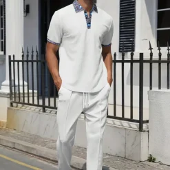 Men's Waffle Shirt Polo Tee Pants Sets Long Sleeve Quarter Zip Solid Color Knitwear Fashion Pocket Home Office / Career Street Black Ivory Blue Top Tee for Men