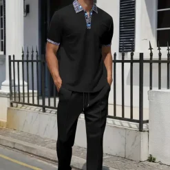 Men's Waffle Shirt Polo Tee Pants Sets Long Sleeve Quarter Zip Solid Color Knitwear Fashion Pocket Home Office / Career Street Black Ivory Blue Top Tee for Men