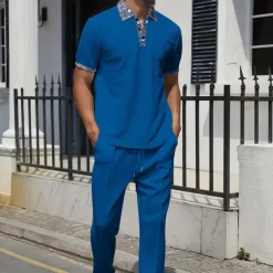 Men's Waffle Shirt Polo Tee Pants Sets Long Sleeve Quarter Zip Solid Color Knitwear Fashion Pocket Home Office / Career Street Black Ivory Blue Top Tee for Men