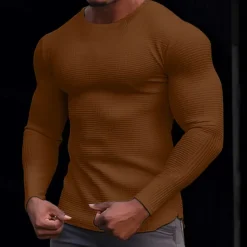 Men's Waffle Shirt T Shirt Tee Top Long Sleeve Shirt Long Sleeve Crew Neck Spring & Fall Plain Fashion Designer Basic Knitted Vacation Street Going out Dark Brown Dark Grey Black Top Tee for Men