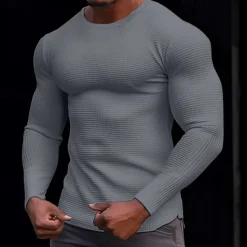 Men's Waffle Shirt T Shirt Tee Top Long Sleeve Shirt Long Sleeve Crew Neck Spring & Fall Plain Fashion Designer Basic Knitted Vacation Street Going out Dark Brown Dark Grey Black Top Tee for Men