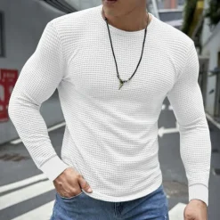 Men's Waffle Shirt T Shirt Tee Top Long Sleeve Shirt Long Sleeve Crew Neck Spring & Fall Plain Fashion Designer Basic Vacation Street Going out Dark Grey Black White Top Tee for Men