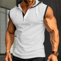 Men's Waffle Shirt Tank Top Undershirt Sleeveless Shirt Sleeveless Hooded Summer Plain Fashion Designer Muscle Outdoor Going out Gym Black White Red Top Tee for Men