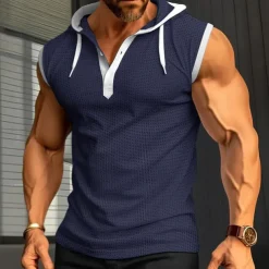 Men's Waffle Shirt Tank Top Undershirt Sleeveless Shirt Sleeveless Hooded Summer Plain Fashion Designer Muscle Outdoor Going out Gym Black White Red Top Tee for Men