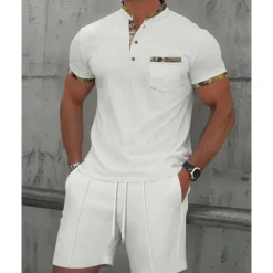 Men's Waffle Shirt T-shirt Suits 2 Pieces Outfits Tee & Shorts Short Sleeve Standing Collar Summer Color Block Fashion Casual 2 Piece Front Pocket Vacation Daily Wear Going out Black White Royal Blue