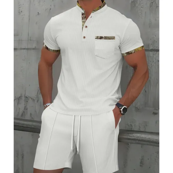 Men's Waffle Shirt T-shirt Suits 2 Pieces Outfits Tee & Shorts Short Sleeve Standing Collar Summer Color Block Fashion Casual 2 Piece Front Pocket Vacation Daily Wear Going out Black White Royal Blue