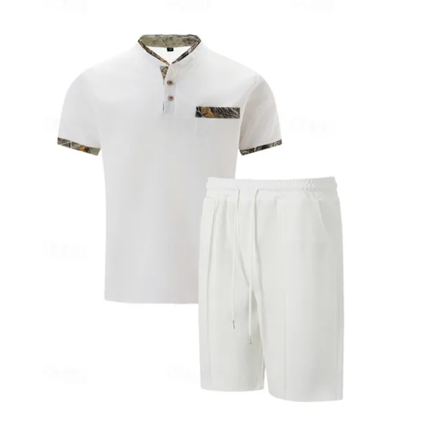 Men's Waffle Shirt T-shirt Suits 2 Pieces Outfits Tee & Shorts Short Sleeve Standing Collar Summer Color Block Fashion Casual 2 Piece Front Pocket Vacation Daily Wear Going out Black White Royal Blue