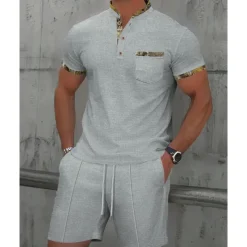 Men's Waffle Shirt T-shirt Suits 2 Pieces Outfits Tee & Shorts Short Sleeve Standing Collar Summer Color Block Fashion Casual 2 Piece Front Pocket Vacation Daily Wear Going out Black White Royal Blue