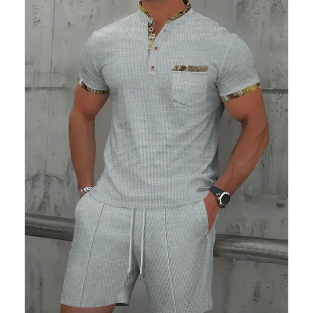 Men's Waffle Shirt T-shirt Suits 2 Pieces Outfits Tee & Shorts Short Sleeve Standing Collar Summer Color Block Fashion Casual 2 Piece Front Pocket Vacation Daily Wear Going out Black White Royal Blue