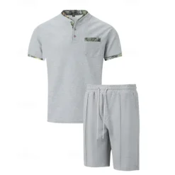 Men's Waffle Shirt T-shirt Suits 2 Pieces Outfits Tee & Shorts Short Sleeve Standing Collar Summer Color Block Fashion Casual 2 Piece Front Pocket Vacation Daily Wear Going out Black White Royal Blue