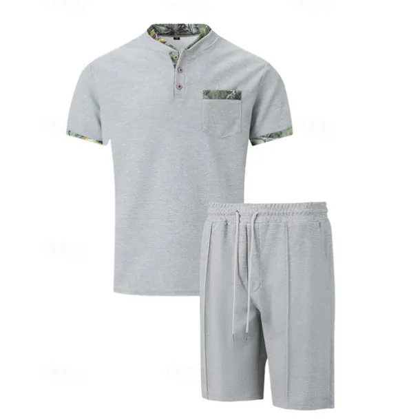 Men's Waffle Shirt T-shirt Suits 2 Pieces Outfits Tee & Shorts Short Sleeve Standing Collar Summer Color Block Fashion Casual 2 Piece Front Pocket Vacation Daily Wear Going out Black White Royal Blue