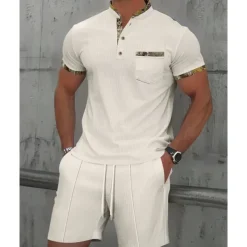 Men's Waffle Shirt T-shirt Suits 2 Pieces Outfits Tee & Shorts Short Sleeve Standing Collar Summer Color Block Fashion Casual 2 Piece Front Pocket Vacation Daily Wear Going out Black White Royal Blue