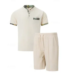 Men's Waffle Shirt T-shirt Suits 2 Pieces Outfits Tee & Shorts Short Sleeve Standing Collar Summer Color Block Fashion Casual 2 Piece Front Pocket Vacation Daily Wear Going out Black White Royal Blue