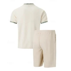 Men's Waffle Shirt T-shirt Suits 2 Pieces Outfits Tee & Shorts Short Sleeve Standing Collar Summer Color Block Fashion Casual 2 Piece Front Pocket Vacation Daily Wear Going out Black White Royal Blue