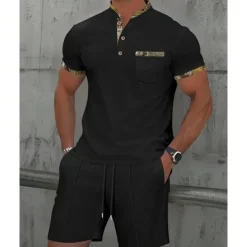 Men's Waffle Shirt T-shirt Suits 2 Pieces Outfits Tee & Shorts Short Sleeve Standing Collar Summer Color Block Fashion Casual 2 Piece Front Pocket Vacation Daily Wear Going out Black White Royal Blue