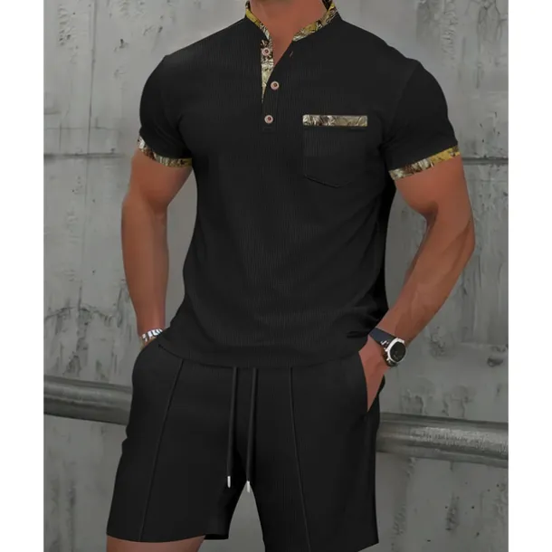 Men's Waffle Shirt T-shirt Suits 2 Pieces Outfits Tee & Shorts Short Sleeve Standing Collar Summer Color Block Fashion Casual 2 Piece Front Pocket Vacation Daily Wear Going out Black White Royal Blue