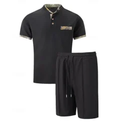 Men's Waffle Shirt T-shirt Suits 2 Pieces Outfits Tee & Shorts Short Sleeve Standing Collar Summer Color Block Fashion Casual 2 Piece Front Pocket Vacation Daily Wear Going out Black White Royal Blue