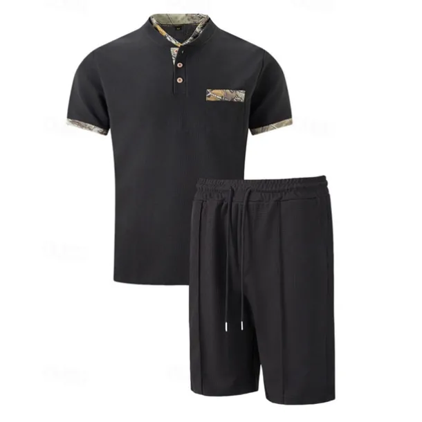 Men's Waffle Shirt T-shirt Suits 2 Pieces Outfits Tee & Shorts Short Sleeve Standing Collar Summer Color Block Fashion Casual 2 Piece Front Pocket Vacation Daily Wear Going out Black White Royal Blue