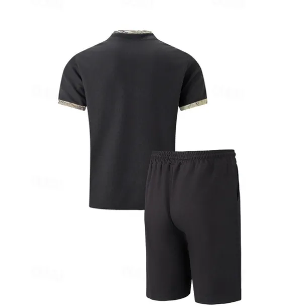 Men's Waffle Shirt T-shirt Suits 2 Pieces Outfits Tee & Shorts Short Sleeve Standing Collar Summer Color Block Fashion Casual 2 Piece Front Pocket Vacation Daily Wear Going out Black White Royal Blue