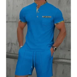 Men's Waffle Shirt T-shirt Suits 2 Pieces Outfits Tee & Shorts Short Sleeve Standing Collar Summer Color Block Fashion Casual 2 Piece Front Pocket Vacation Daily Wear Going out Black White Royal Blue