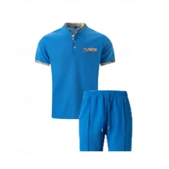 Men's Waffle Shirt T-shirt Suits 2 Pieces Outfits Tee & Shorts Short Sleeve Standing Collar Summer Color Block Fashion Casual 2 Piece Front Pocket Vacation Daily Wear Going out Black White Royal Blue