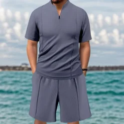 Men's Waffle Shirt T-shirt Suits 2 Pieces Outfits Tee & Shorts Short Sleeve Quarter Zip Summer Plain Fashion Casual 2 Piece Vacation Daily Wear Going out Black khaki Gray Top Tee for Men