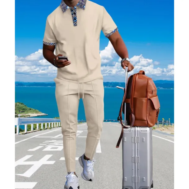 Men's Waffle Shirt T-shirt Suits Shirt and Pant Sets 2 Pieces Outfits Short Sleeve Lapel Summer Color Block Fashion Casual Patchwork 2 Piece Vacation Daily Wear Going out Black White Royal Blue Top