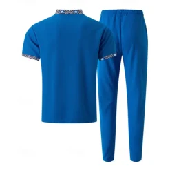 Men's Waffle Shirt T-shirt Suits Shirt and Pant Sets 2 Pieces Outfits Short Sleeve Lapel Summer Color Block Fashion Casual Patchwork 2 Piece Vacation Daily Wear Going out Black White Royal Blue Top